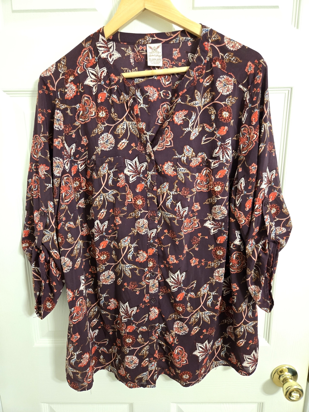 Faded Glory Plum Floral V-Neck Top with Cream Flowers Lightweight Size 2X